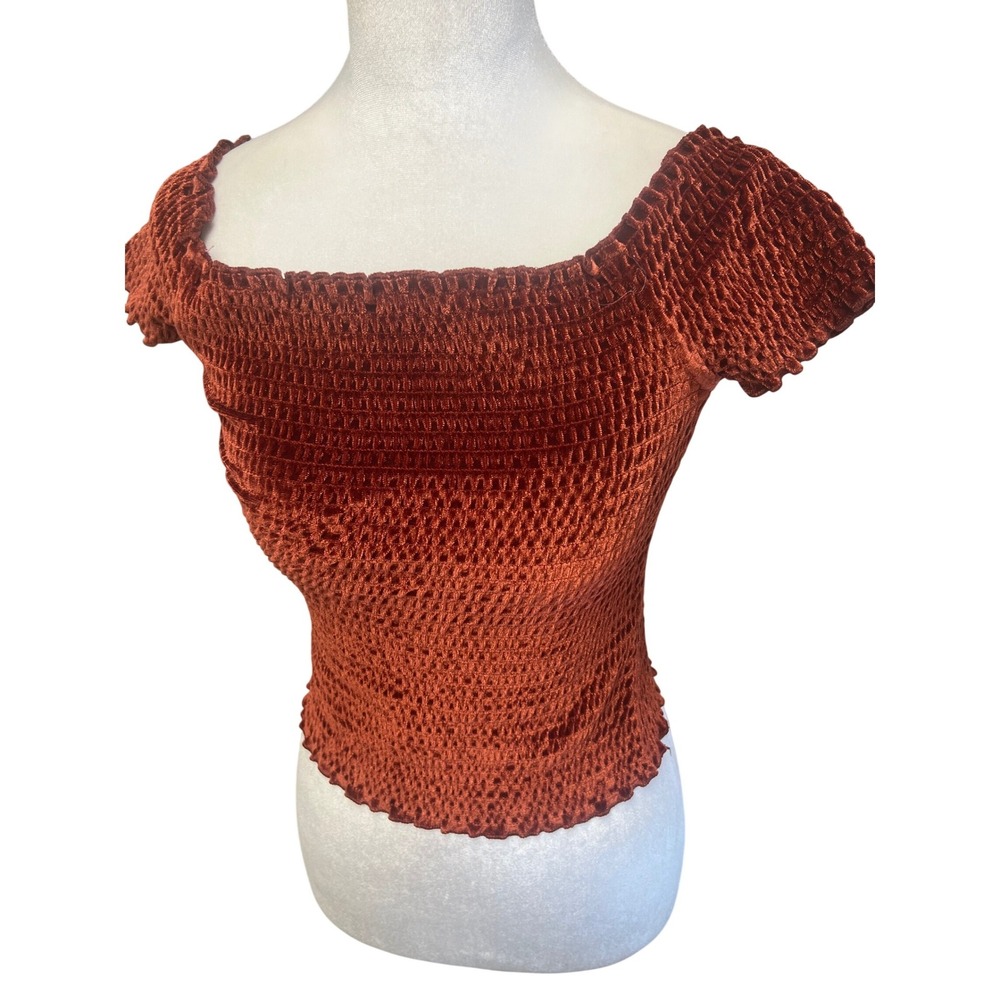 Retro‎ Y2K Smocked Crop Top Rust Orange Velvet Short Sleeve Sz XS Festival Party